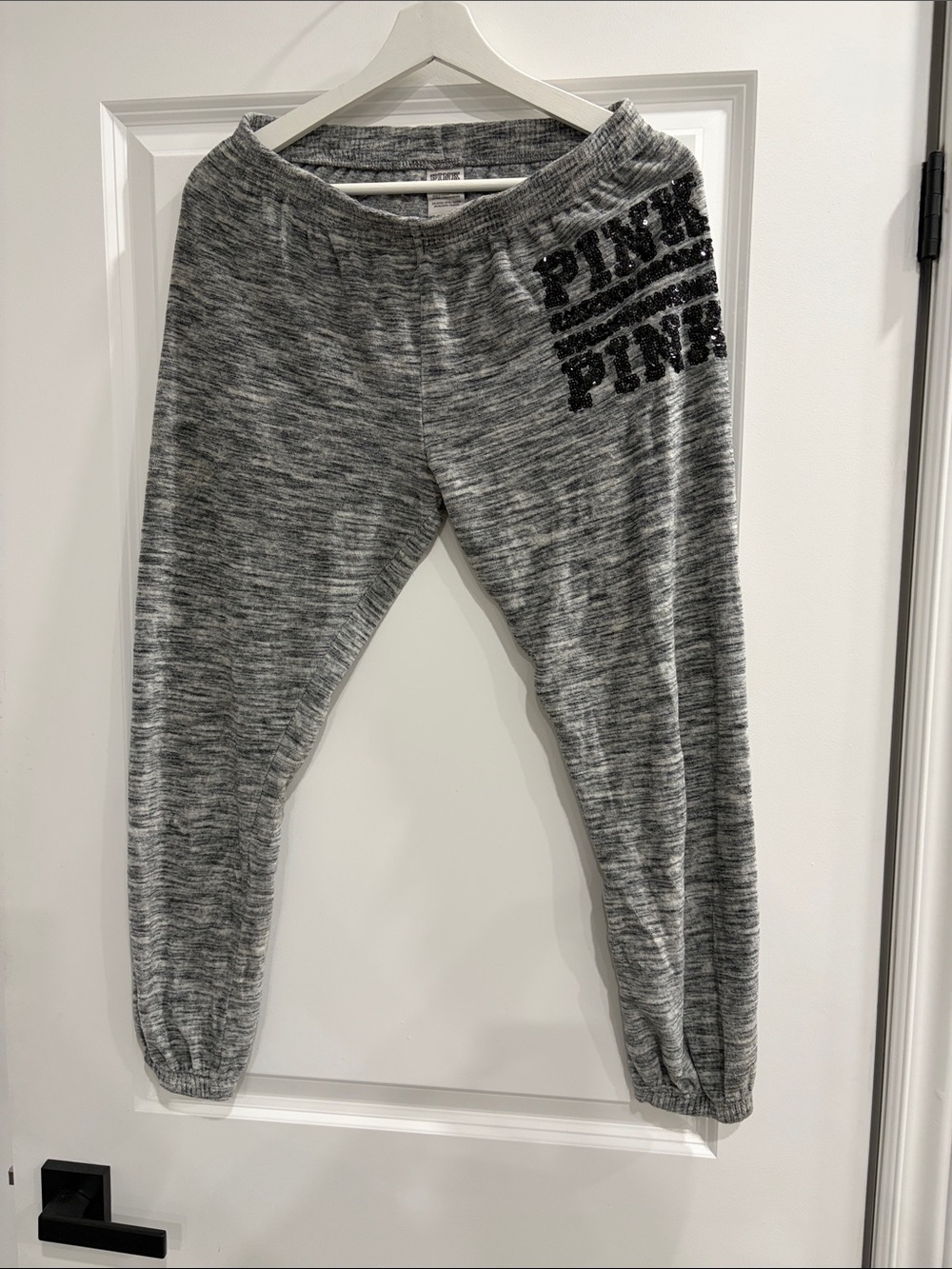PINK Victoria's Secret Gray Marled Jogger Sweatpants with Black Sparkle Logo
